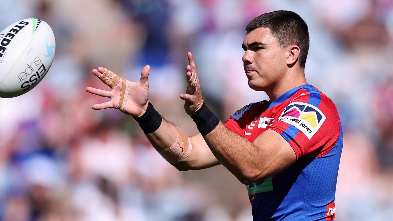 NEWCASTLE, AUSTRALIA - MARCH 20: Jake Clifford of the Knights warms up during the round two NRL match between the Newcastle Knights and the Wests Tigers at McDonald Jones Stadium, on March 20, 2022, in Newcastle, Australia. (Photo by Cameron Spencer/Getty Images)