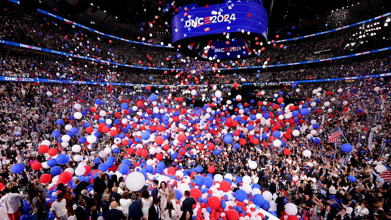 Balloons fall after US Vice President and Democratic presidential candidate Kamala Harris concluded her remarks on the fourth and last day of the Democratic National Convention. Picture: AFP