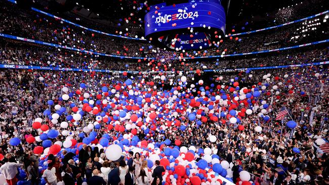 Balloons fall after US Vice President and Democratic presidential candidate Kamala Harris concluded her remarks on the fourth and last day of the Democratic National Convention. Picture: AFP