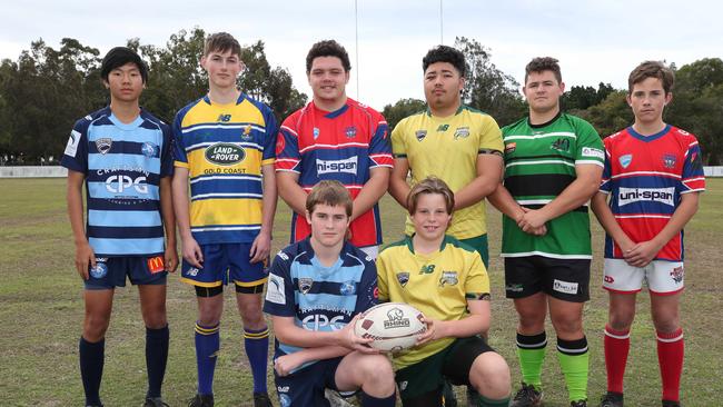 Captains from each of the junior Gold Coast Rugby Union teams competing in this years grand finals. From front left they are finalists Matti Gill (13s Hogs) and Thorne McDonald (13s Dolphins) Back row from left Kobi Nouanrasy (14s Hogs), Daniel Teren (16s Eagles), Tana Heron (18s Pirates), Jat White (18s Dolphins), Lachlan Smith (16s Alleygators) and Harry Allen (14s Pirates). Picture Glenn Hampson