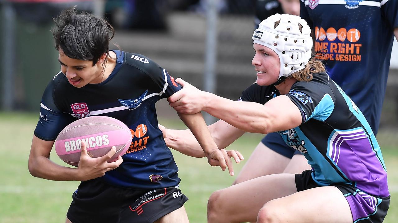 RUGBY LEAGUE: Justin Hodges and Chris Flannery 9s Gala Day. Caloundra State High V Meridan State College. year 10. Caloundra's Ben Hunter on the burst. Picture: Patrick Woods.