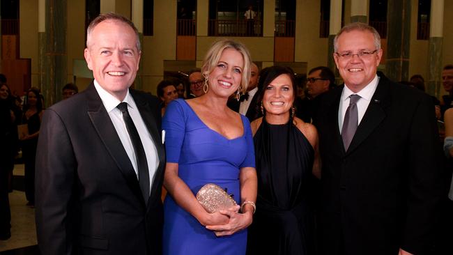 Leader of the Opposition Bill Shorten, wife Chloe, Prime Minister Scott Morrison and wife Jenny arrive for the annual Midwinter Ball at Parliament House in Canberra. Picture: AAP