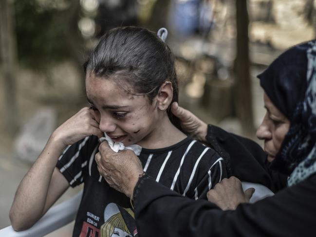 10-year-old Palestinian girl Tala Huseyin Abu Dakka mourns after losing her parents, three siblings and four other relatives in an Israeli air strike on her home. Picture: Abed Zagout/Anadolu Agency via Getty Images