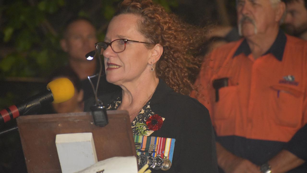 Mackay Anzac Day 2022 – Guest speaker Dr Kerry Summerscales at the Half Tide Dawn Service. Picture: Lillian Watkins