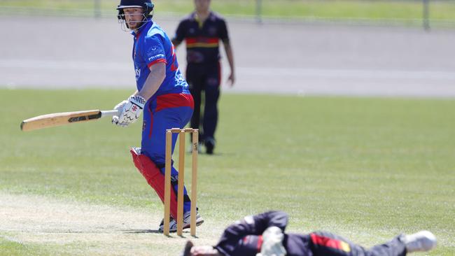 Bell Post Hill batter Ryan Mills edges gets one past Geelong West keeper Tony Spence Picture: Mark Wilson