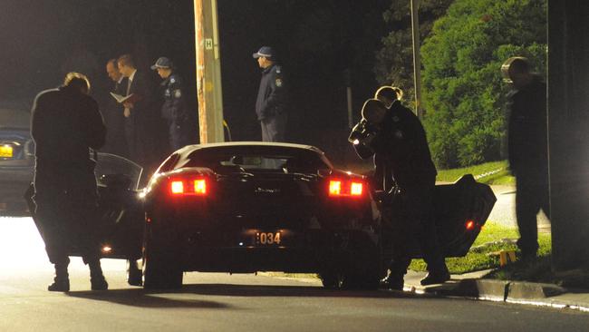 Police at scene where Fadi Ibrahim was shot five times and his 23-year-old girlfriend shot once in leg in his parked Lamborghini outside his Neerim Rd, Castle Cove home in 2009. Macris was accused of organising the attempted hit.