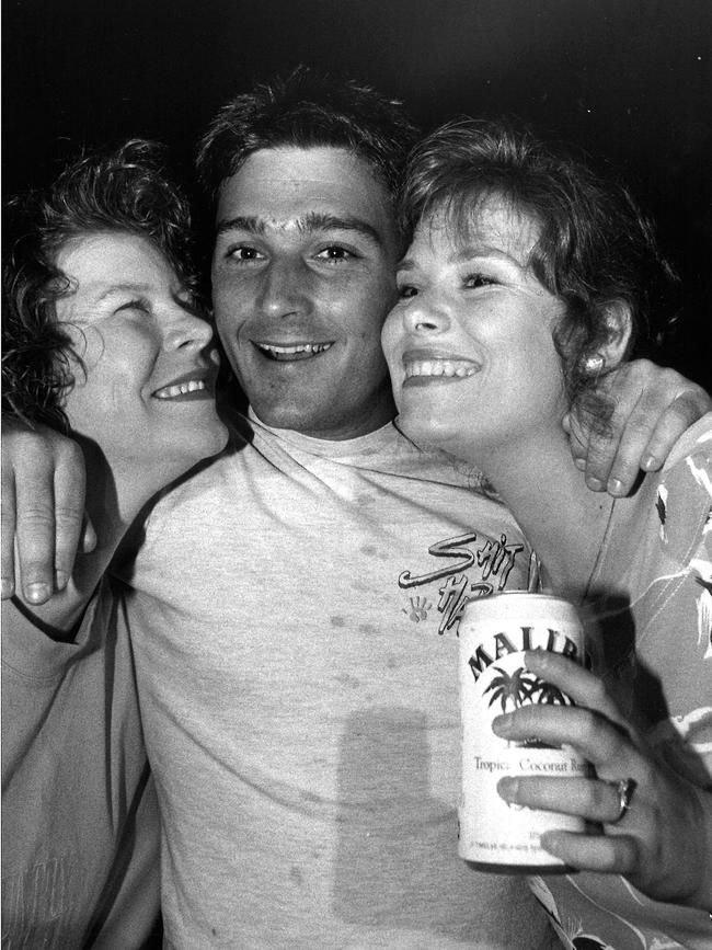 Sally Gent, Garry McKenzie and Kylie Pitkowczy at the 1992 NYE concert at the Torquay football oval. Picture: Phillip Stubbs
