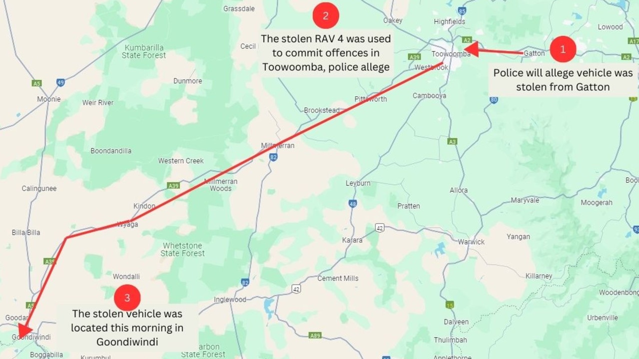 Police will allege a car stolen in Gatton was used to commit crimes around the region, before being located at Goondiwindi. (Photo: Google Maps)