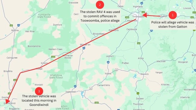 Police will allege a car stolen in Gatton was used to commit crimes around the region, before being located at Goondiwindi. (Photo: Google Maps)
