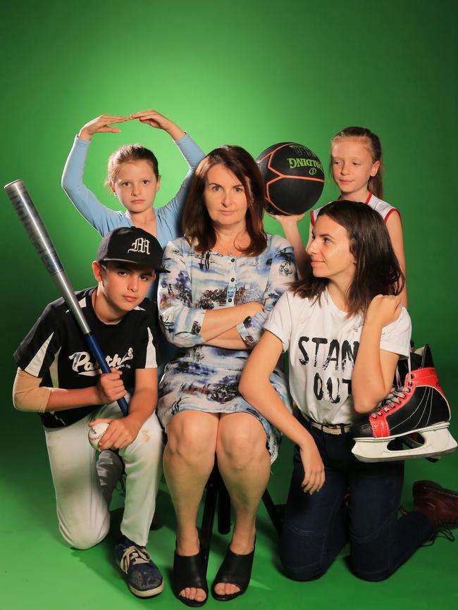 Claire Halliday’s and her children Edie, 9 [basketball], Abbie, 7, [ballet], Sean, 13 [baseball], and Audrey, 17 [ice skating]. Picture: Alex Coppel.