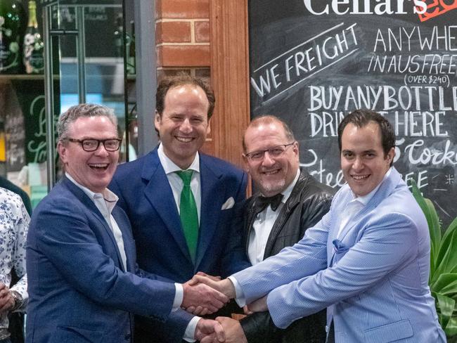 Former defence minister Christopher Pyne, Thomson Geer national chief executive Adrian Tembel, Internode founder and Base 64 owner Simon Hackett and state parliamentary speaker Vincent Tarzia, at Adrian Tembel's 50th birthday at East End Cellars. Picture: supplied