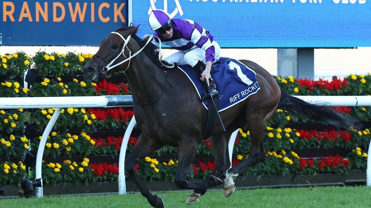 SYDNEY, AUSTRALIA - APRIL 06: James Mcdonald riding Riff Rocket  wins Race 9 ATC Australian Derby during Sydney Racing at Royal Randwick Racecourse on April 06, 2024 in Sydney, Australia. (Photo by Jeremy Ng/Getty Images)