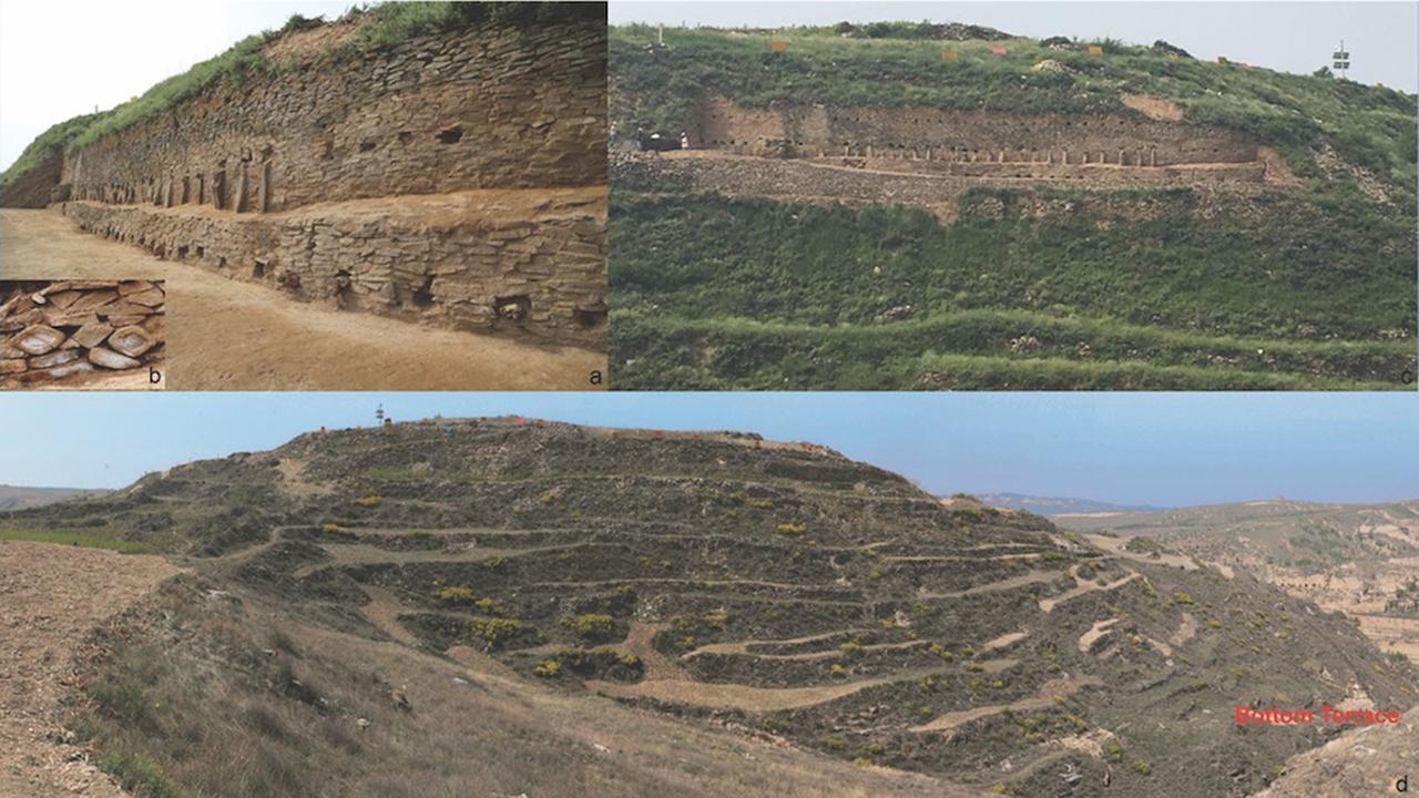 This figure shows images of the step pyramid. a) part of the stone buttresses of the second and the third steps of the pyramid; b) eye symbols that decorate the pyramid c) a view of the buttresses under excavation; d) a general view of the pyramid before excavation. Credit: Zhouyong Sun and Jing Shao