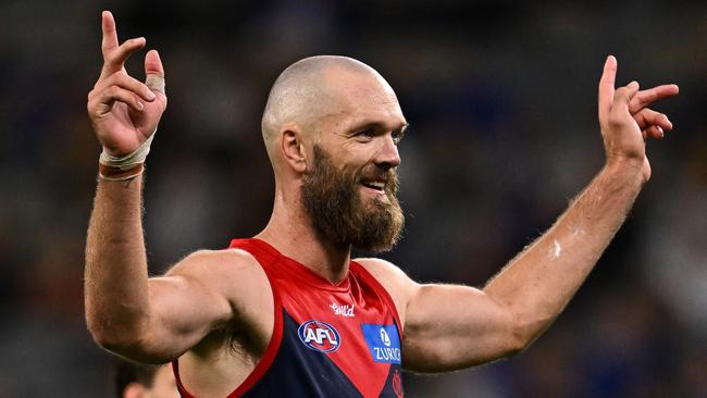 PERTH, AUSTRALIA - MAY 03: Max Gawn of the Demons celebrates a goal during the 2025 AFL Round 08 match between the West Coast Eagles and the Melbourne Demons at Optus Stadium on May 3, 2025 in Perth, Australia. (Photo by Daniel Carson/AFL Photos via Getty Images)