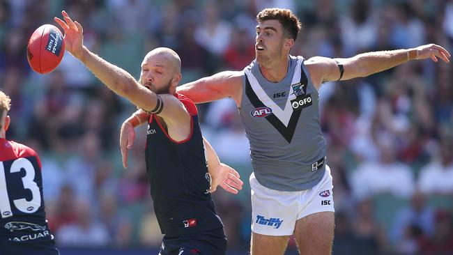 Scott Lycett gives Max Gawn something to thing about. Picture: Michael Klein.