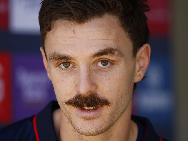 MELBOURNE, AUSTRALIA - MAY 23: Jake Lever of the Demons speaks to the media during a Narrm / Melbourne Demons AFL training session at Olympic Park on May 23, 2022 in Melbourne, Australia. (Photo by Daniel Pockett/Getty Images)