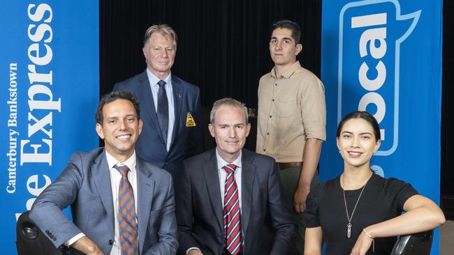 The five candidates who fronted the forum: Front row, from left: Chris Gambian (Labor), David Coleman (Liberal) and Anjali Thakur (Animal Justice Party). Rear: Reginald Wright (UAP) and Gianluca Dragone (The Greens). Picture: Matthew Vasilescu