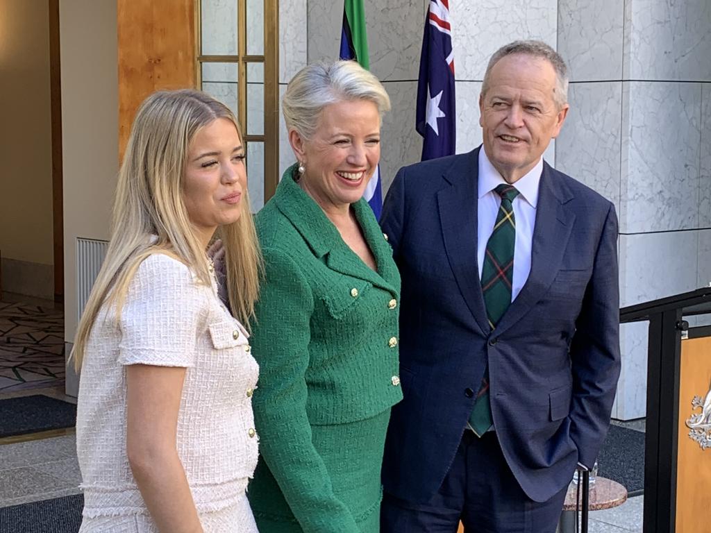 Bill Shorten announcing his retirement alongside wife Chloe and daughter Clementine. Picture: NewsWire