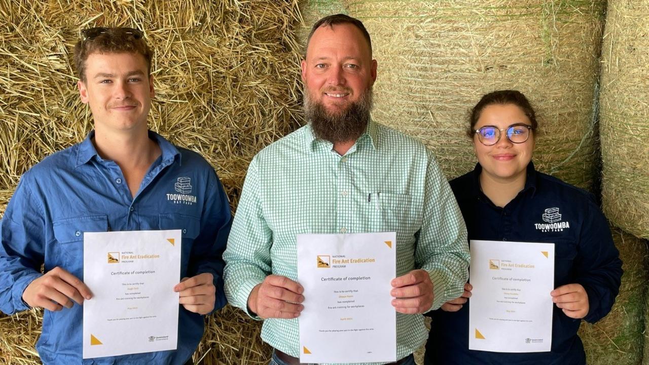 Toowoomba Hay Farm team members Hugh Ford, Shaun Hann and Ebony Randello with their certificates. Picture: Supplied