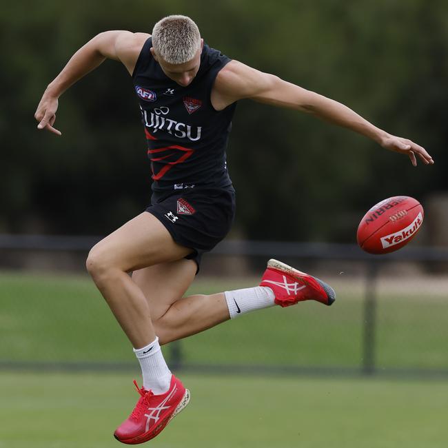 Top Bombers pick Nate Caddy hurt himself twice on either side of Christmas with awkward landings from marking contests, but is close to a senior debut. Picture: Michael Klein