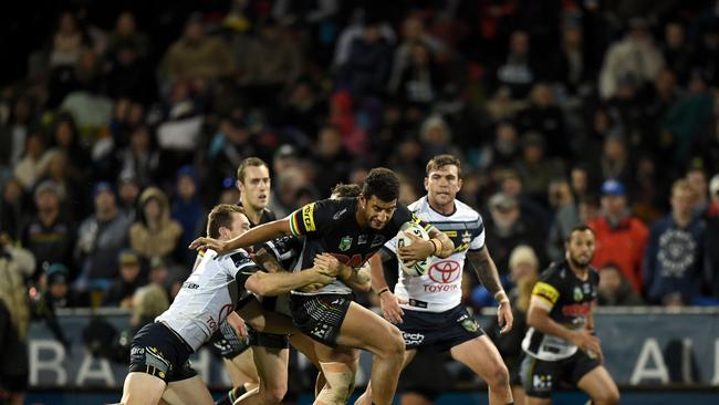 Viliame Kikau on the charge for the Panthers at Carrington Park in Bathurst.