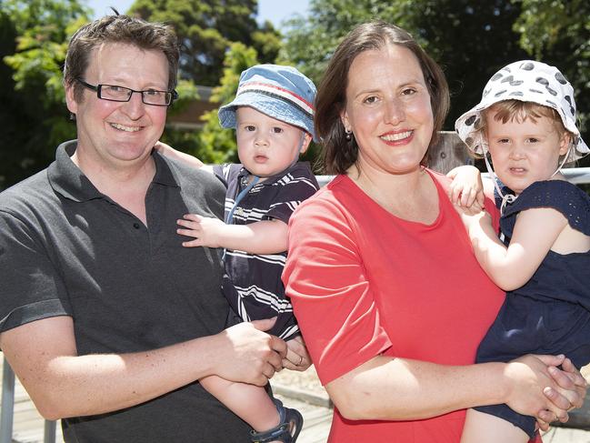 Jon Mant and Kelly O’Dwyer with Edward (left) and Olivia in January, when she announced her decision to quit parliament. Picture: AAP Image/Ellen Smith