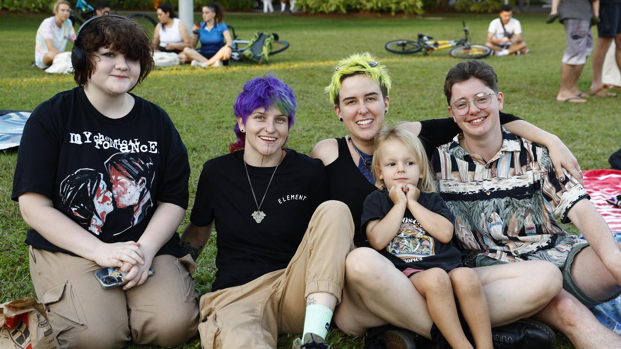 Kiah Wanden Brink, Kye Bennett, Dayna Keyley, Phoenix Ryker-Kelly, 3, and August Stokes the Cairns Pride Evening of Light at Forgarty Park on Sunday, part the 2023 Cairns Pride Festival. Picture: Brendan Radke