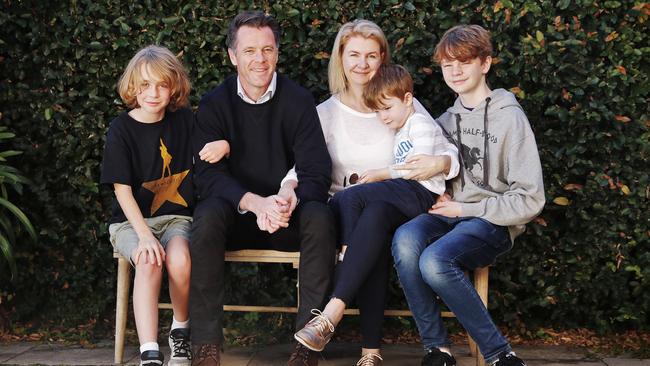 New state Labor leader Chris Minns with his wife Anna and their children Joseph, 13, Nicholas, 10, and George, 4. Picture: Sam Ruttyn