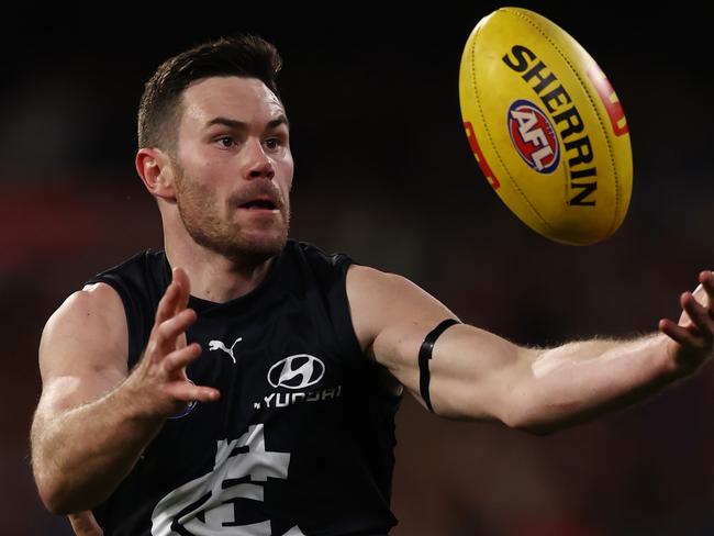 MELBOURNE - June 11 : AFL.   Mitch McGovern of the Blues during the round 13  AFL match between Carlton and Essendon at the MCG on June 11, 2023, in Melbourne, Australia. Photo by Michael Klein.