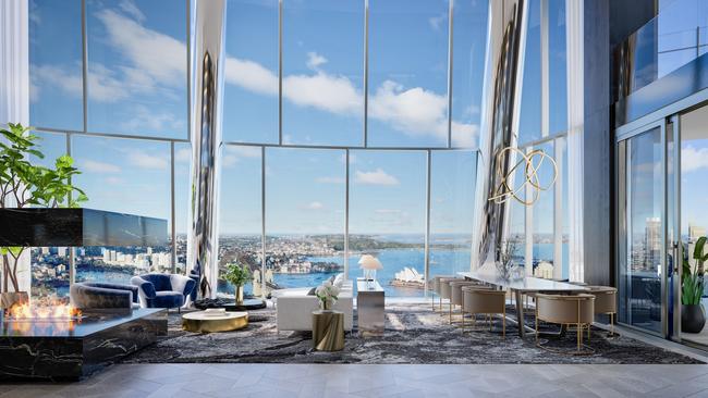 An artist’s impression of an interior and outlook at the One Barangaroo residences. Picture: Supplied