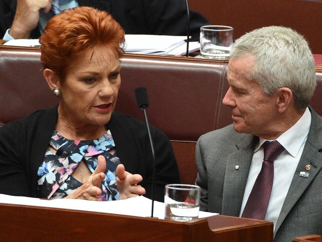 One Nation leader Senator Pauline Hanson and One Nation Senator Malcolm Roberts during Senate Question Time at Parliament House in Canberra, Monday, Nov. 28, 2016. (AAP Image/Mick Tsikas) NO ARCHIVING