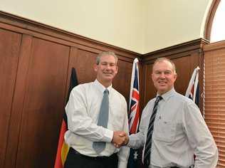 Mayor Mick Curran and Member for Gympie Tony Perrett. Mr Perrett has refrained from any exuberance over the State Government announcement. Picture: Renee Albrecht