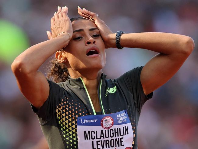 EUGENE, OREGON - JUNE 30: Sydney McLaughlin-Levrone celebrates after crossing the finish line to set a new world record in the women's 400 meter hurdles final on Day Ten of the 2024 U.S. Olympic Team Track & Field Trials at Hayward Field on June 30, 2024 in Eugene, Oregon.   Patrick Smith/Getty Images/AFP (Photo by Patrick Smith / GETTY IMAGES NORTH AMERICA / Getty Images via AFP)