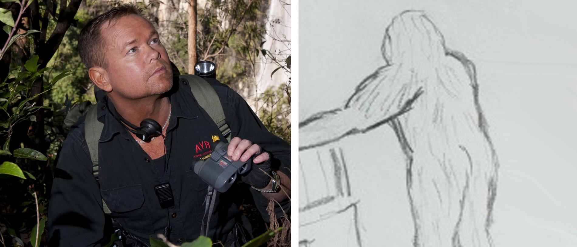 Dean Harrison and a sketch of the yowie he believes he saw in the Gold Coast hinterland. Picture: Supplied