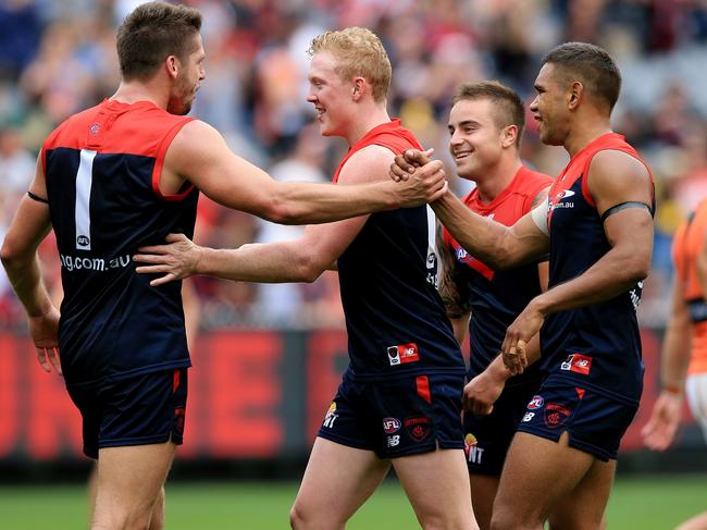 AFL: Round 1 Melbourne v Giants Left to Right Clayton Oliver Jesse Hogan Ben Kennedy & Neville Jetta Picture:Wayne Ludbey