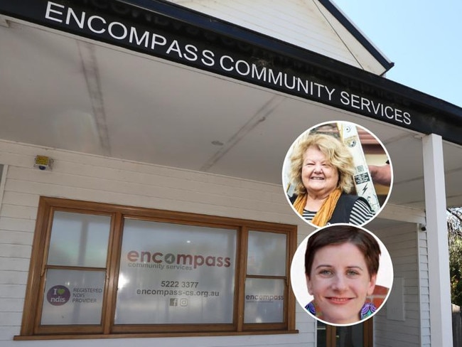 Encompass Community Services' former office at East Geelong. Inset: Former Encompass chief executive Elaine Robb, top, and former board chair Alyson Miller.