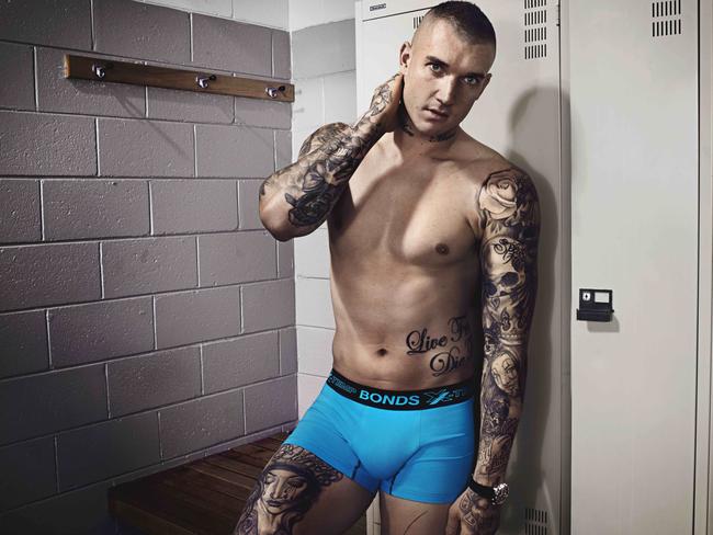 Dustin Martin as he appears in the in the new Bonds X-Temp undies campaign. X-Temp is a new range of temperature-regulating underwear & socks. The product launches on Monday 5th August at Bonds stores & online as well as Australian retailers; Big W, MYER, David Jones, Target, Harris Scarfe, Coles and Woolworths.Picture: BONDS