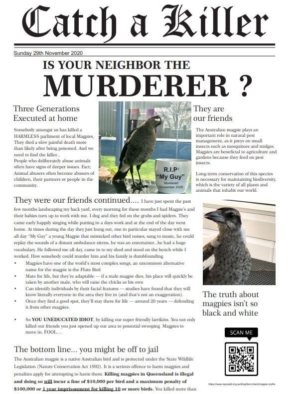 The newsletter sent to residents in Southport following the death of the flock of magpies.