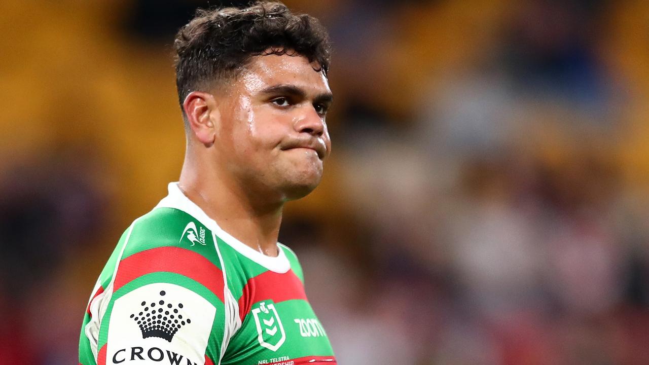 BRISBANE, AUSTRALIA - AUGUST 27: Latrell Mitchell of the Rabbitohs reacts after being sent to the sin-bin for a high tackle on Joseph Manu of the Roosters during the round 24 NRL match between the Sydney Roosters and the South Sydney Rabbitohs at Suncorp Stadium on August 27, 2021, in Brisbane, Australia. (Photo by Chris Hyde/Getty Images)
