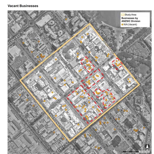 This map shows the number of commercial building vacancies in the Cairns CBD following an Urbis study. PICTURE: SUPPLIED