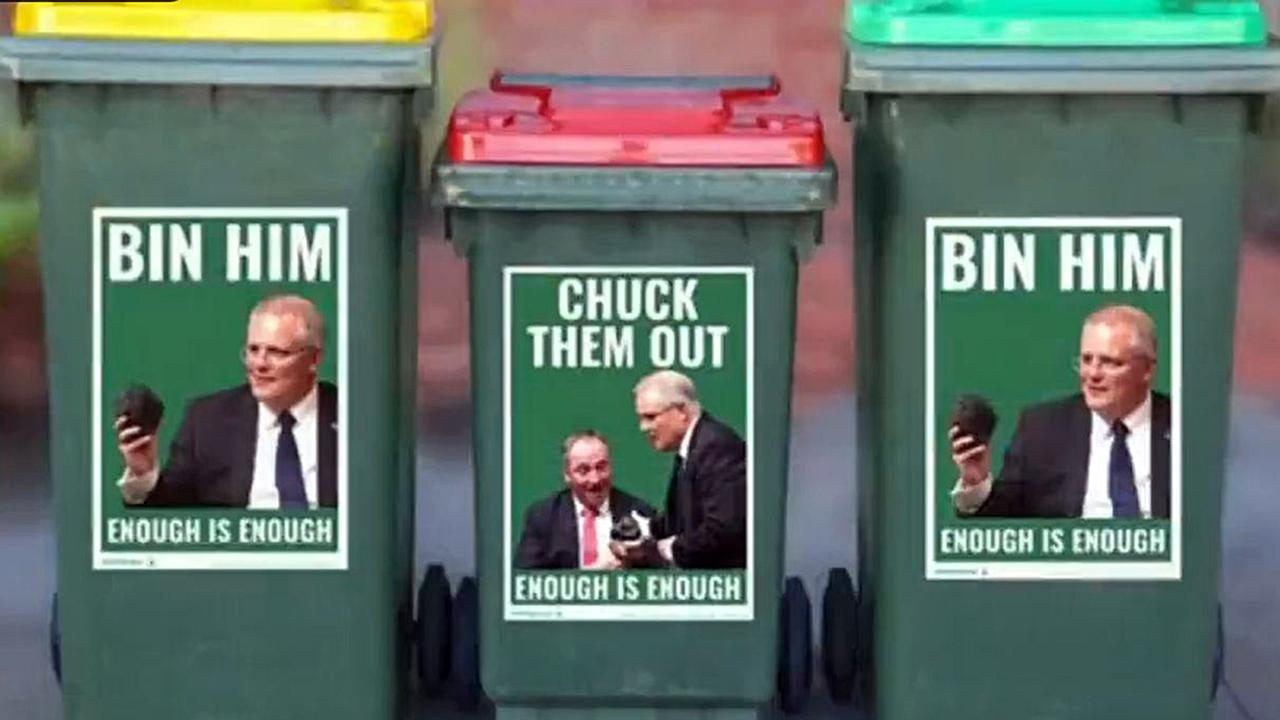 The Sydney bins featuring anti-Scott Morrison messages. Picture: Sunrise