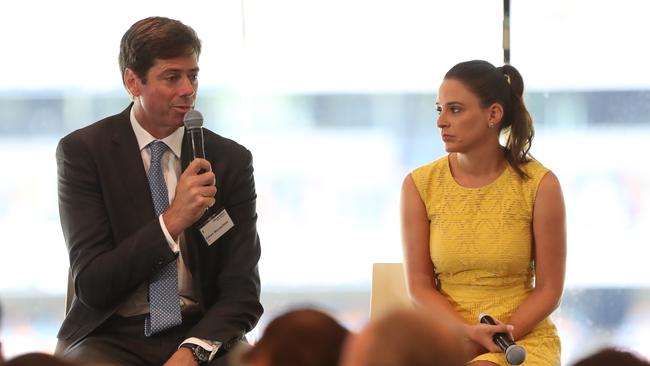 Gillon McLachlan speaks to Neroli Meadows at Courier Mail’s AFL launch. Picture: Peter Wallis