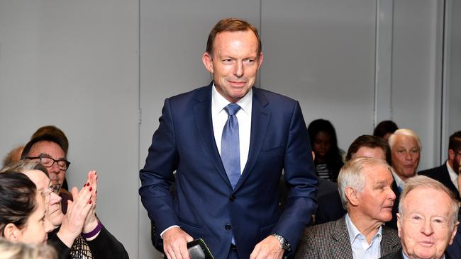 Former prime minister Tony Abbott arrives for a speech on the state of the Australian political landscape at The Centre for Independent Studies in Sydney, Saturday, August 25, 2018. (AAP Image/Joel Carrett) NO ARCHIVING