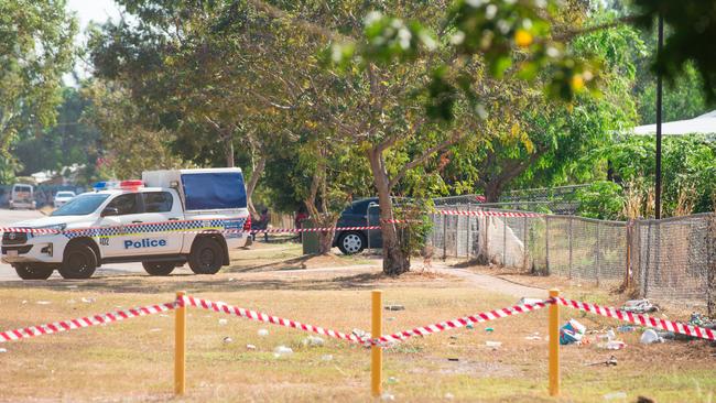 Police established a crime scene after a woman was stabbed multiple times in the Bagot Community today. Picture: Glenn Campbell