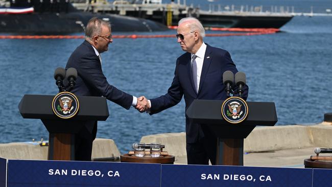 Prime Minister Anthony Albanese and US President Joe Biden shake hands when announcing the AUKUS pact in San Diego in March, 2023. Photo by Tayfun Coskun/Anadolu Agency via Getty Images