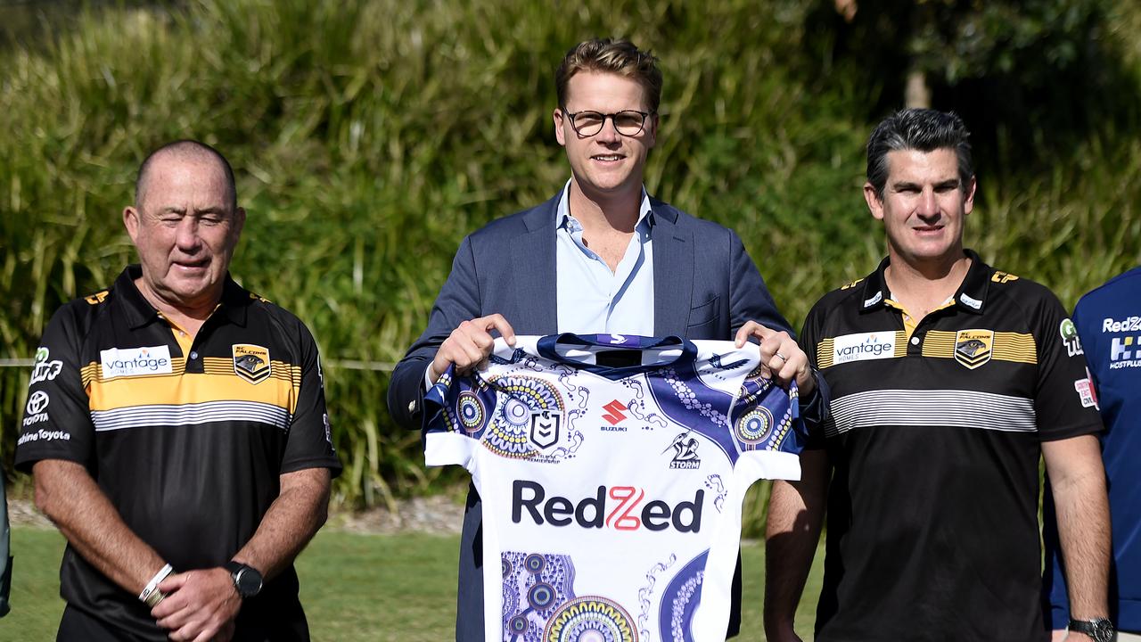 Melbourne Storm CEO Justin Rodski with Sunshine Coast Chairman Ashley Robinson and CEO Chris Flannery. Picture: Albert Perez/Getty