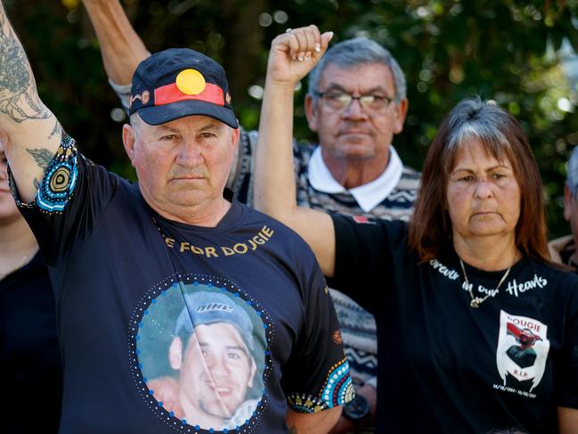 SYDNEY, AUSTRALIA - NewsWire Photos August 20, 2024: Rick Hampson, father of Ricky ÃDougieÃ Hampson, and his mother Lydia Chatfield during a press conference after the Lidcombe coroners court handed down its findings on Tuesday. First Nations man Ricky Hampson, 36, died from perforated ulcers less than 24 hours after being discharged from Dubbo Base Hospital in August 2021Picture: NewsWire / Nikki Short