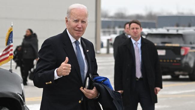 Joe Biden said the US will “take care of” a suspected Chinese spy balloon when reporters’ shouted questions after he got off Air Force One at Hancock Field Air National Guard Base near Syracuse, New York. Picture: Andrew Caballero-Reynolds / AFP