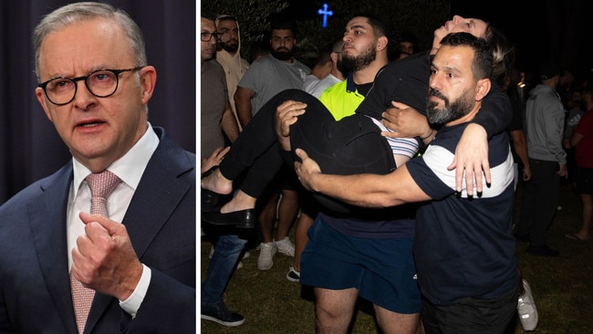 Anthony Albanese on Tuesday, scenes outside the Wakeley church on Monday night. Picture: NCA NewsWire / Martin Ollman / Liam Mendes