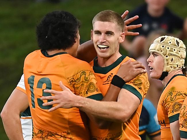 SUNSHINE COAST, AUSTRALIA - MAY 12: Will McCulloch of Australia celebrates with team mates after scoring a try during The Rugby Championship U20 Round 3 match between Australia and New Zealand at Sunshine Coast Stadium on May 12, 2024 in Sunshine Coast, Australia. (Photo by Albert Perez/Getty Images)